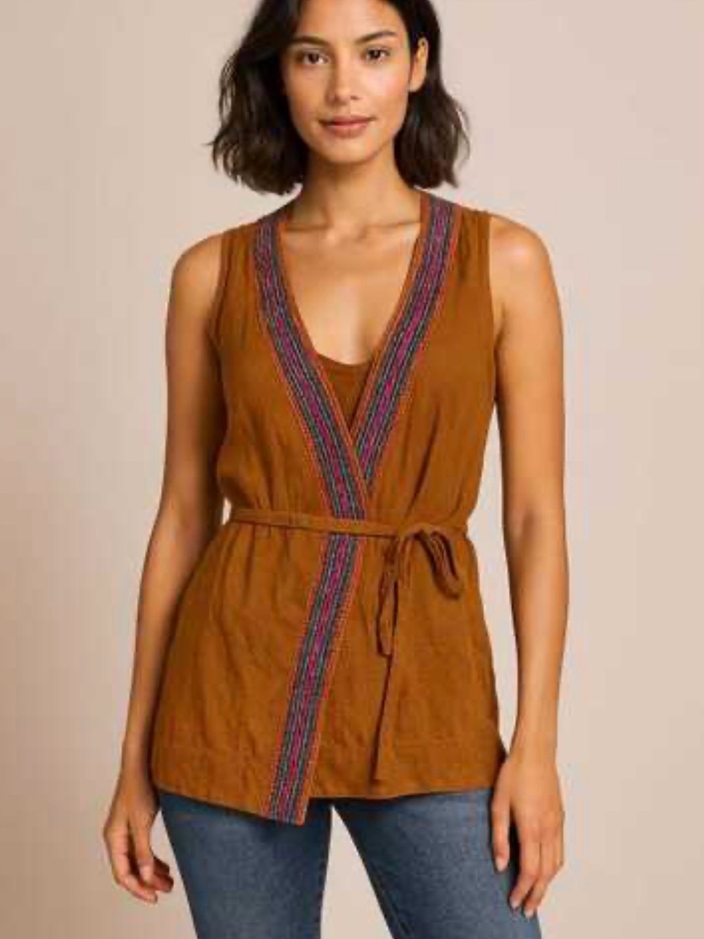 Anthropologie Maeve Rust Brown Sleeveless Wrap with Multicolor Embroidered Trim